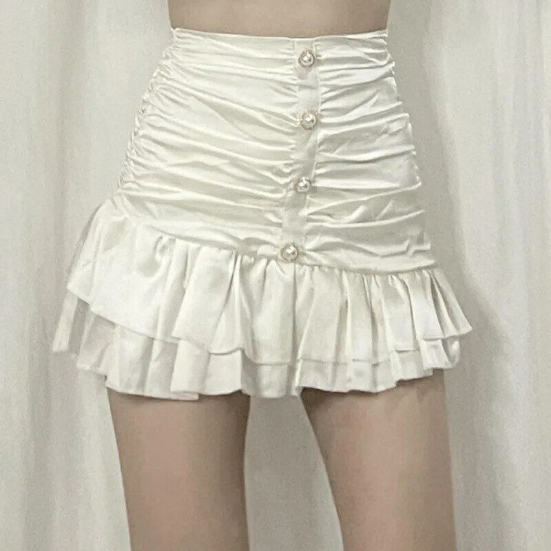 Summer New High Waist Folds Thin Bag Hip Mini Skirts for Women 2021 Fashion Satin Sexy Temperament Pearl Buckle Lotus Leaf Skirt