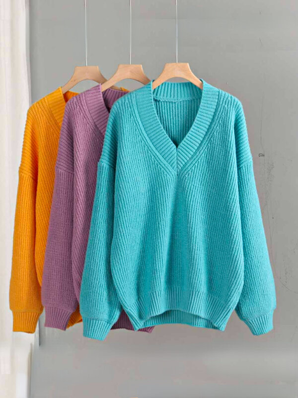 Women's Sweater V-neck Loose Fashion Crochet Top Casual New Autumn and Winter Vintage Sweater Basic Office Lady Solid Pullovers