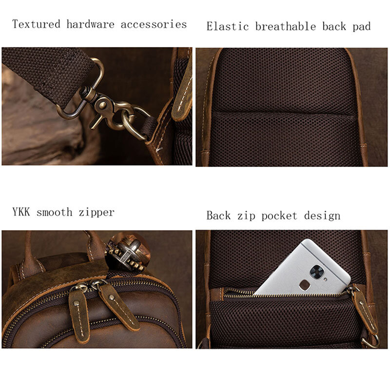 Retro Men Genuine Leather Top Layer Cowhide Shoulder Bag USB Waterproof Crossbody Travel Sling Messenger Pack Chest Bag for Male