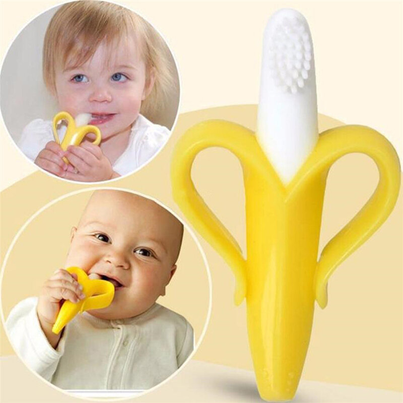 Cepillo de dientes de entrenamiento de silicona sin BPA para niños, mordedor seguro con forma de plátano, juguetes para morder para bebés, anillo de dentición