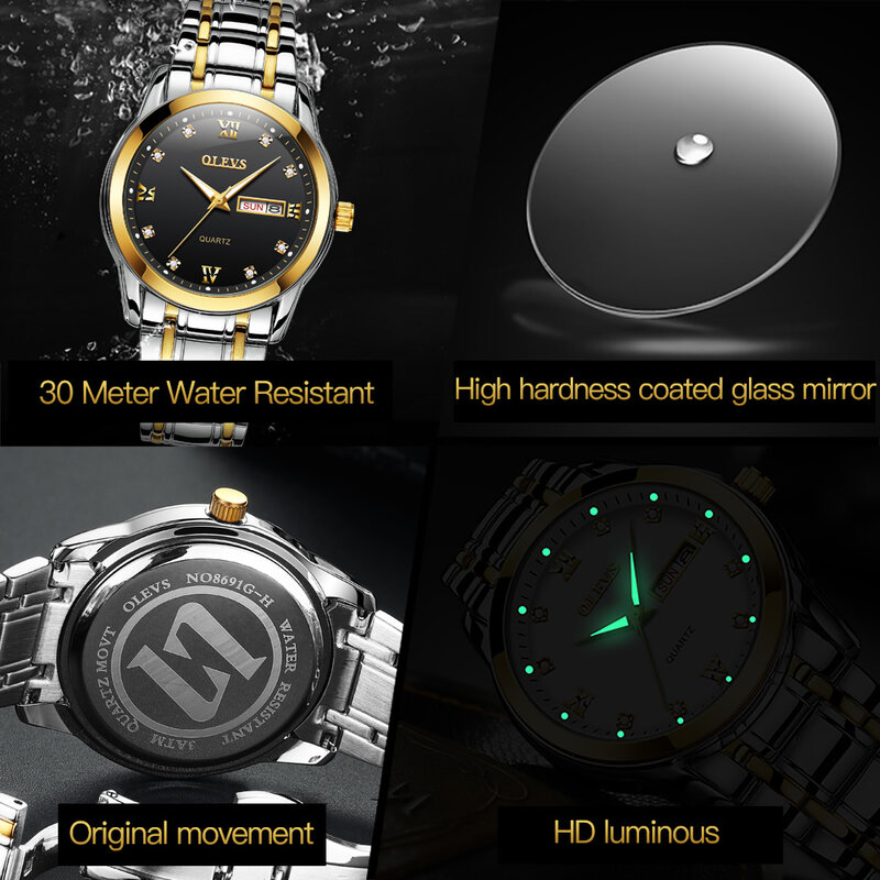 Olevs-メンズステンレススチールブレスレット,メンズクォーツ腕時計,デュアルカレンダー,防水,ファッショナブル