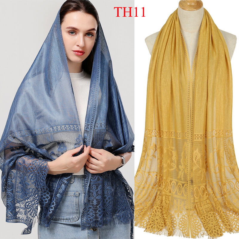Plain High Quality Premium Cotton Viscose Scarf Women Hijab Luxury Floral Hollow Lace Female Musmim Headscarves Bandana Shawl