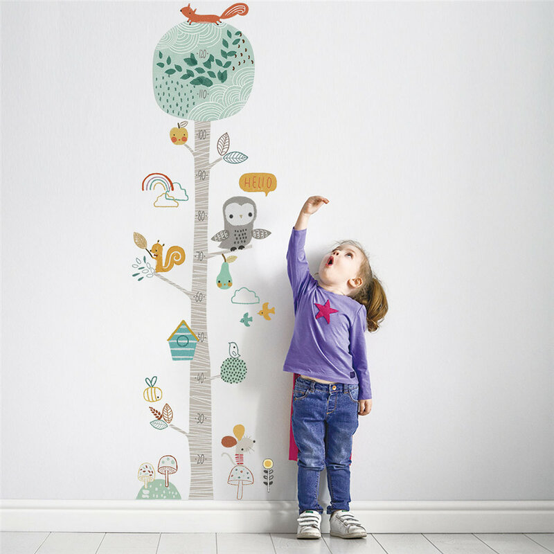 Детская линейка по высоте, обои, Мультяшные лесные животные, дерево, измерение роста, настенные наклейки для детской комнаты, таблица роста, ...