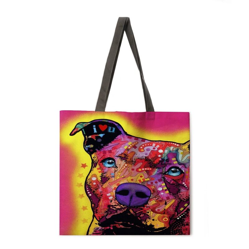 Bolso de mano con estampado de perro y pintura al óleo para mujer, bolsa de hombro informal, bolso de compras plegable, bolso de playa