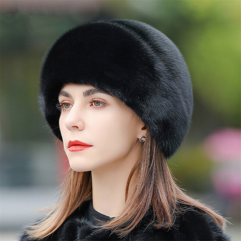 2022 neue Mode Russische Frauen Echt Nattural Nerz Fell Bomber Hüte Winter Dame Warme Flauschigen Nerz Pelz Hut Gute Qualität pelz Caps