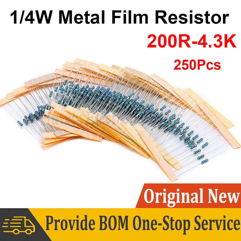Pacote 250pcs 1 1/4W 200R-4.3K 1% Filme De Metal Resistor 0.25W Resistência 200 220 270 330 360 470 560 620 680 910 1.2K 1.8K Ohms