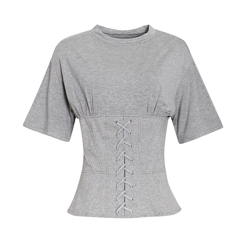Women's Solid Color T-shirt 2022 Summer New European And American Fashion Short-Sleeved Round Neck Defined Waist Banded Gray Top