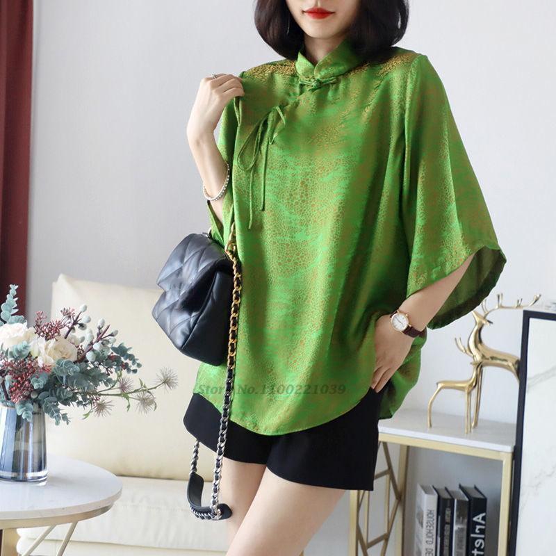 Blusa de seda vintage feminina, estampa de flores tradicionais chinesas, tops cheongsam, camisa clássica de cetim, 2023