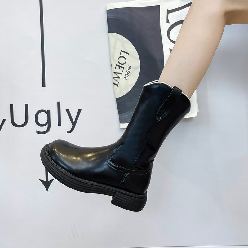 Sepatu Bot Wanita Gaya Inggris Sepatu Bot Pertengahan Musim Semi dan Musim Gugur Hak Persegi Ujung Bundar Musim Gugur Cocok untuk Wanita