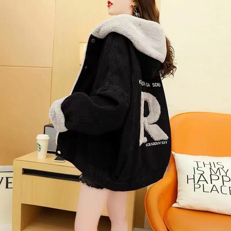 스트리트 의류 블랙 후드 카우보이 자켓 여성 2022 한국 패션, 느슨한 겨울 카우보이 자켓 캐주얼 다목적 자켓