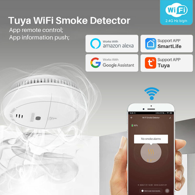 Tuya-Detector de humo WiFi, protección contra incendios, combinación de Casa ahumada, alarma contra incendios, vida inteligente, funciona con Alexa y Google Home