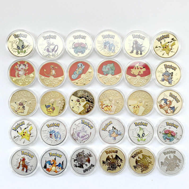 2022 Очаровательная памятная монета Покемон кавайные узоры Пикачу Позолоченные цветные 46 узоров Коллекция аниме Идеальные подарки
