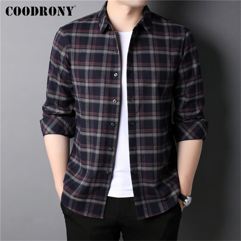 Coodrony marca de alta qualidade camisa xadrez roupas masculinas primavera outono nova chegada clássico negócio casual camisa manga longa z6063