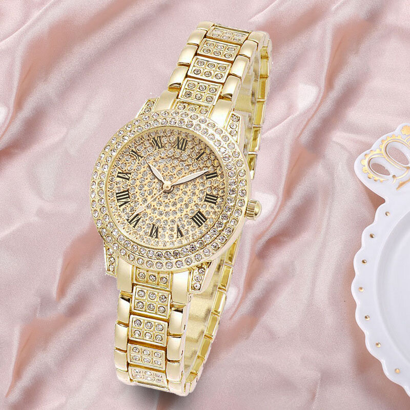นาฬิกาผู้หญิงสีทองสร้อยข้อมือ Rhinestone นาฬิกาใหม่ล่าสุดสุภาพสตรี Starry นาฬิกาข้อมือควอตซ์สร้อยข้...