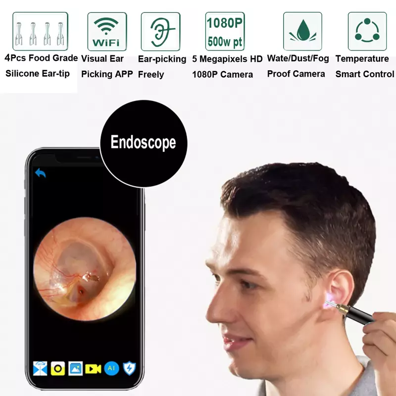 Nettoyeur d'oreille WiFi, outil d'élimination de la cire, Endoscope auriculaire lumineux, Mini caméra Otoscope, bâtonnets d'oreille visuels pour Android iOS, 3.5mm