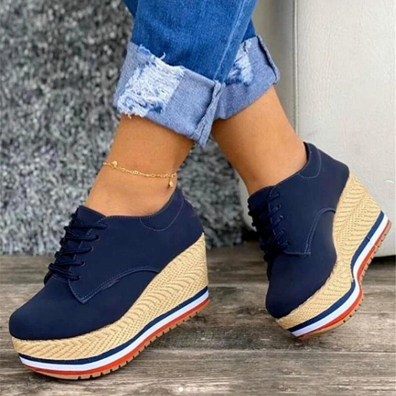 2022 FashionVulcanize Shoes Women Sneakers Ladies Solid Color Wedge Thick Shoes Round Toe Lace-Up Comfortable Platform