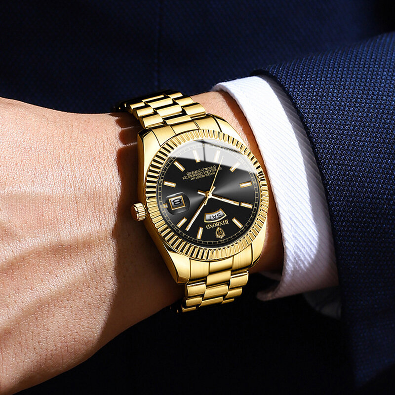 Reloj deportivo de lujo para hombre, pulsera de cuarzo de acero militar, diseño de calendario dorado, marca superior