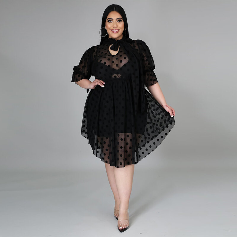 Women's Plus Size Dress New Large Size Polka Dot Mesh Perspective Dress Women Without Inner Wear Spring Summer Party Dresses