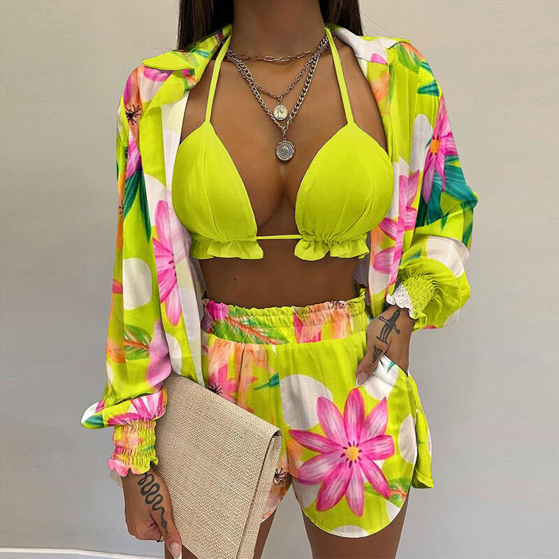 Verão feminino terno de três peças moda praia estilo de férias cor sólida impressão casual sexy 3 peças terno feminino