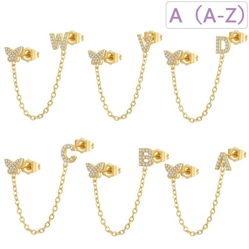 Gold Silver Filled1 PCS a-z Letter Connected Initial Chain Stud Earring CZ Zircon Hoop Earrings for Women earings Jewelry