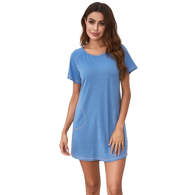 Piżama dla kobiet letnia sukienka z okrągłym dekoltem z krótkim rękawem koszule nocne boczna kieszeń Casual Sleepshirts S-XXL