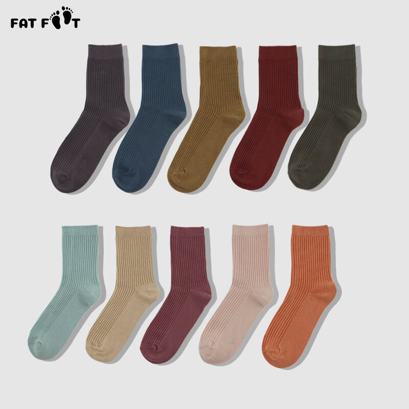 Fat Foot Cotton Socks Thick Business Casual Socks Men Solid Color Women Ribbed Long Socks 5 Pair Men Tube Socks