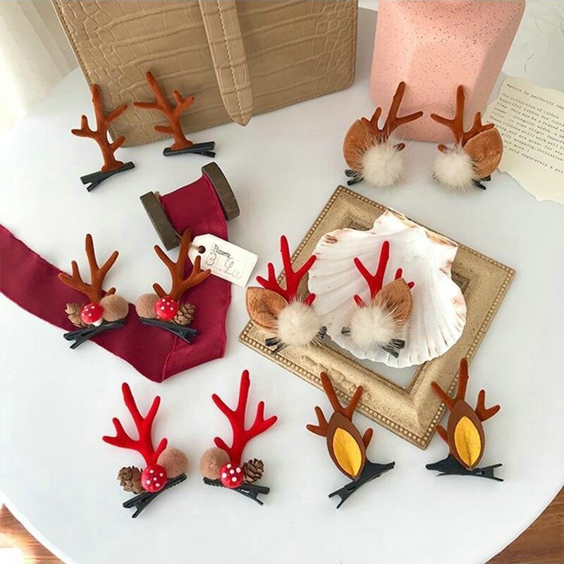 2pcs/Set Christmas Hair Clips For Girls With Deer Ear Hairpin Cute Antler Barrettes Christmas Gift Decoration Hair Accessories