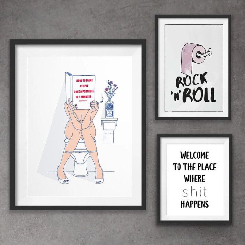 Impresiones de lienzo de mujer Sexy para inodoro moderno, cartel de imagen de baño divertido con música Rock, rollo de papel de moda, pintura para decoración del hogar
