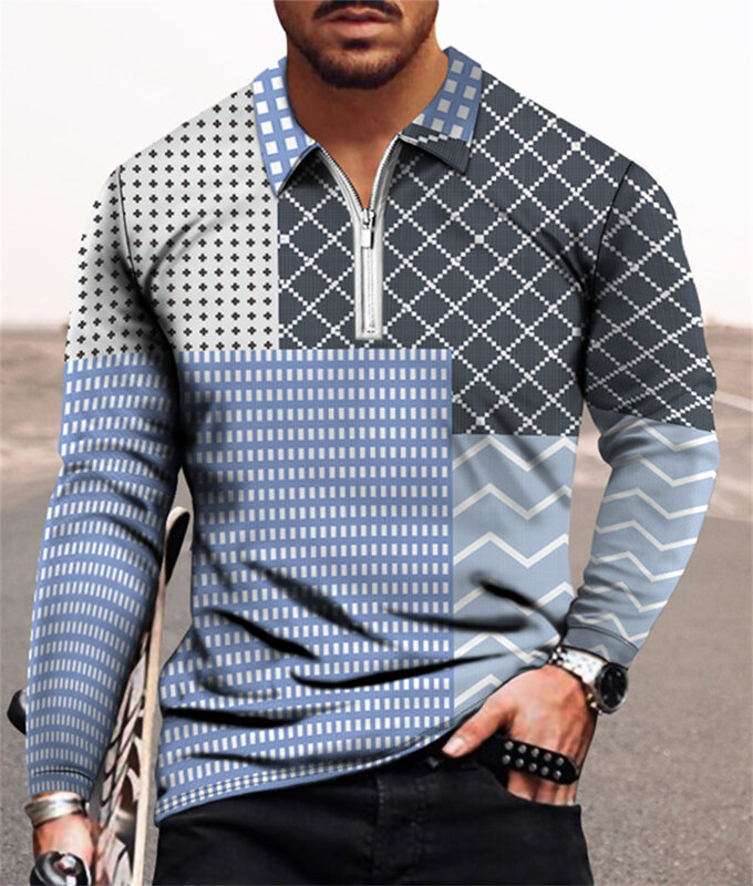 Men's Casual Outono Manga Longa Polo Camisas Homens Zip T Shirt Homens Tops Street Golf Clothing Masculino Geométrica Impressão Roupas 2022