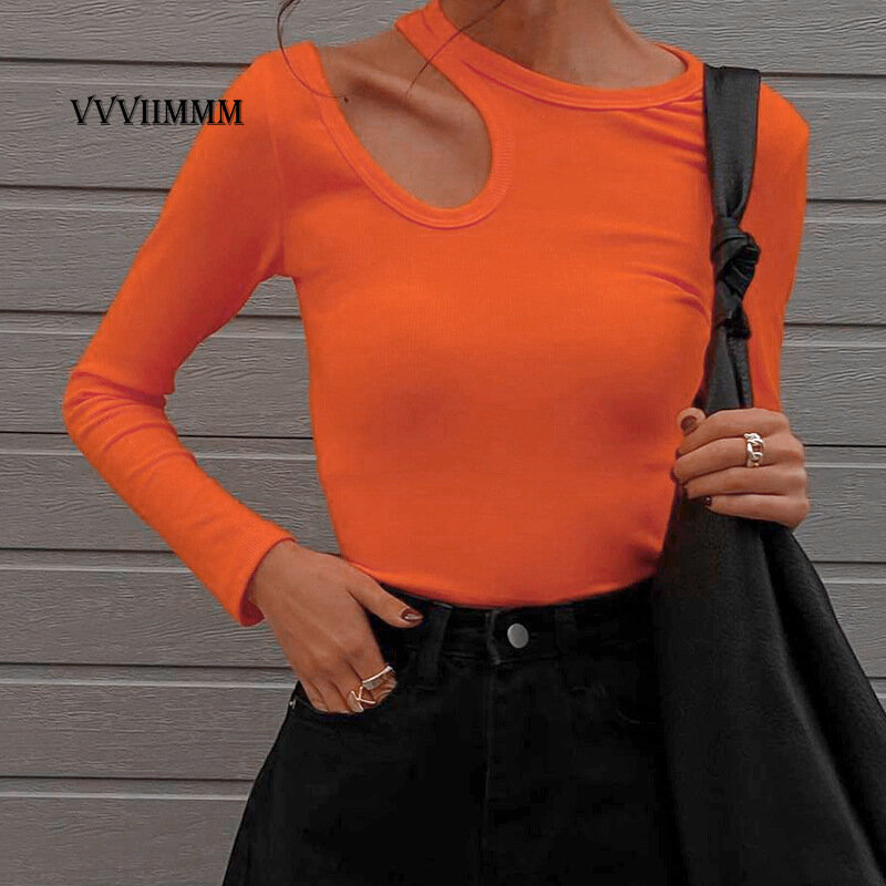 2022 여성의 새로운 불규칙한 속이 빈 긴 소매 티셔츠 여성의 둥근 목 솔리드 컬러 슬림 바닥 탑 Y2k 의류 Oddinary