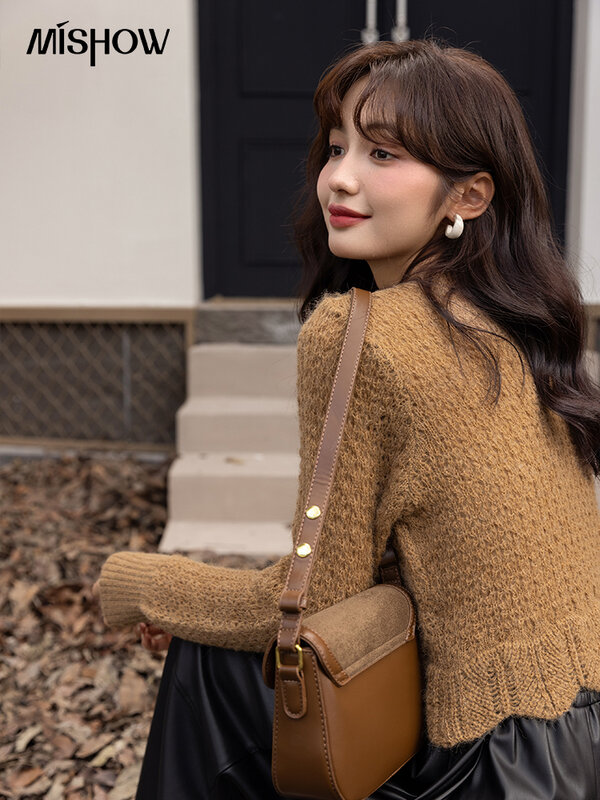 MISHOW Women's Cardigans Autumn French Gentle Oneck Long Sleeves Hollow Out Knitted Tops Solid Short Female Sweaters MXB32Z0774