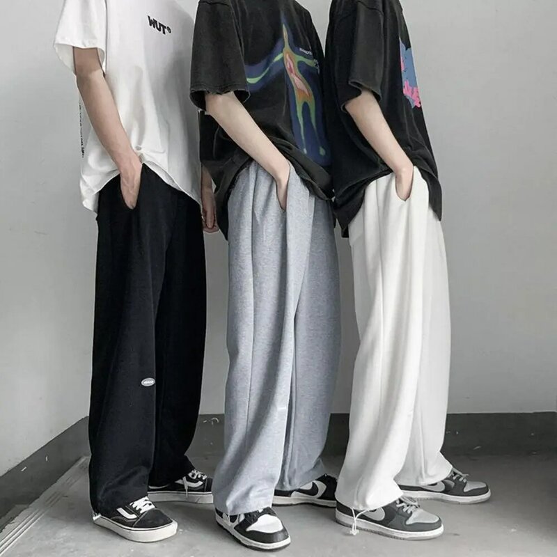 Moletom casual calças masculinas cintura elástica baggy em linha reta coreano moda calças oversize solto hip hop streetwear