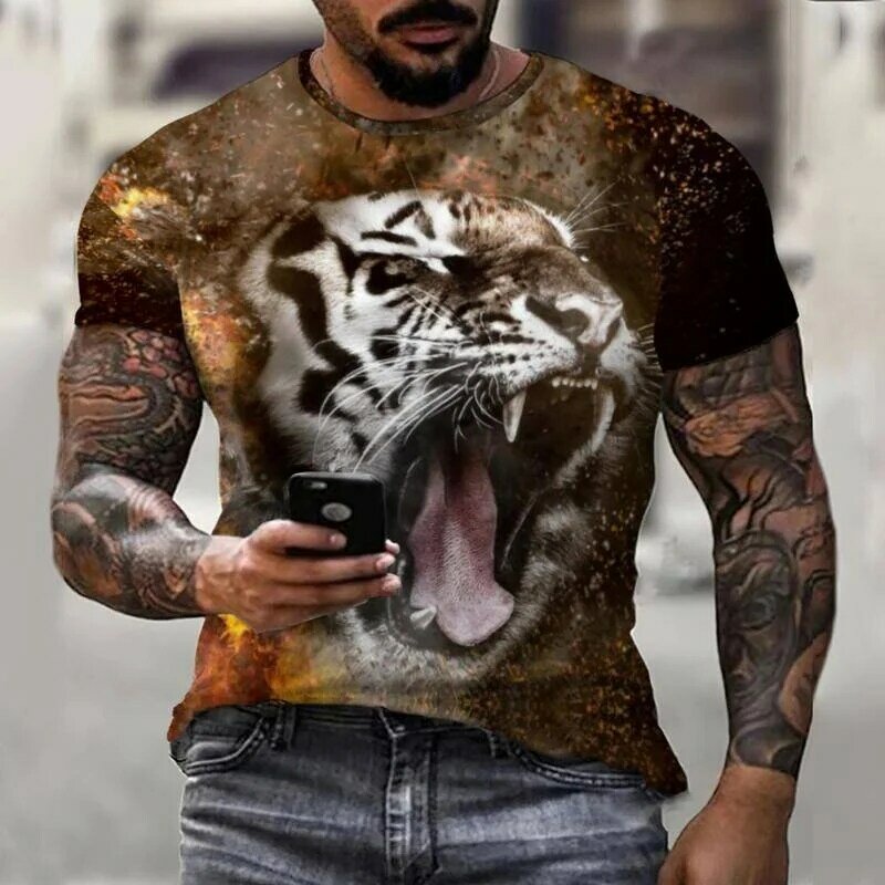 Moda de rua do rei do tigre mágico do verão dos homens da selva do rei camiseta 3d casual confortável mangas curtas