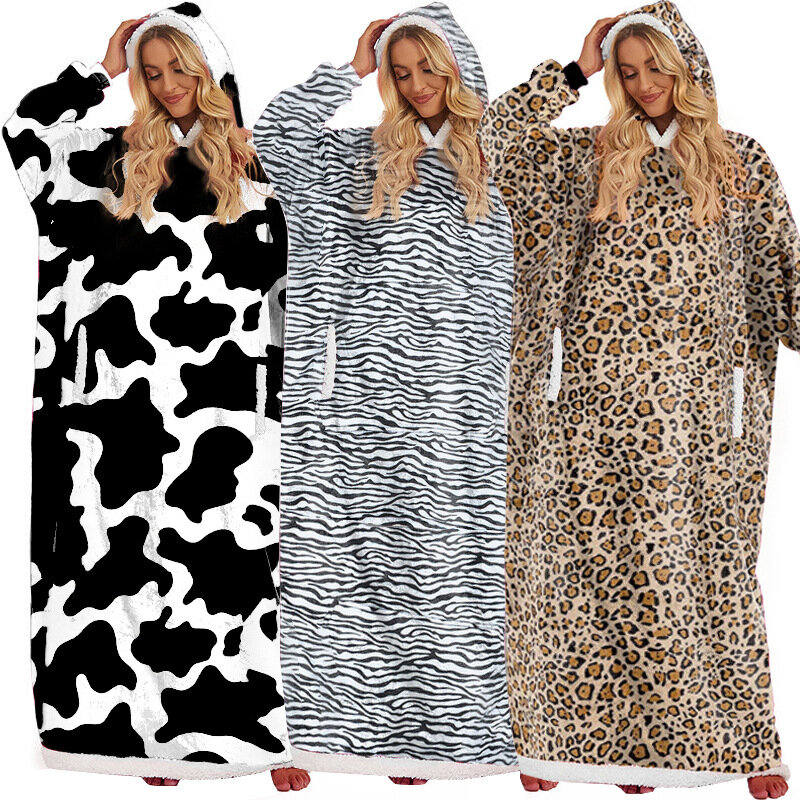 Winter printed leopard print blank 150CM side pockets lazy blanket flannel lamb hair TV blanket