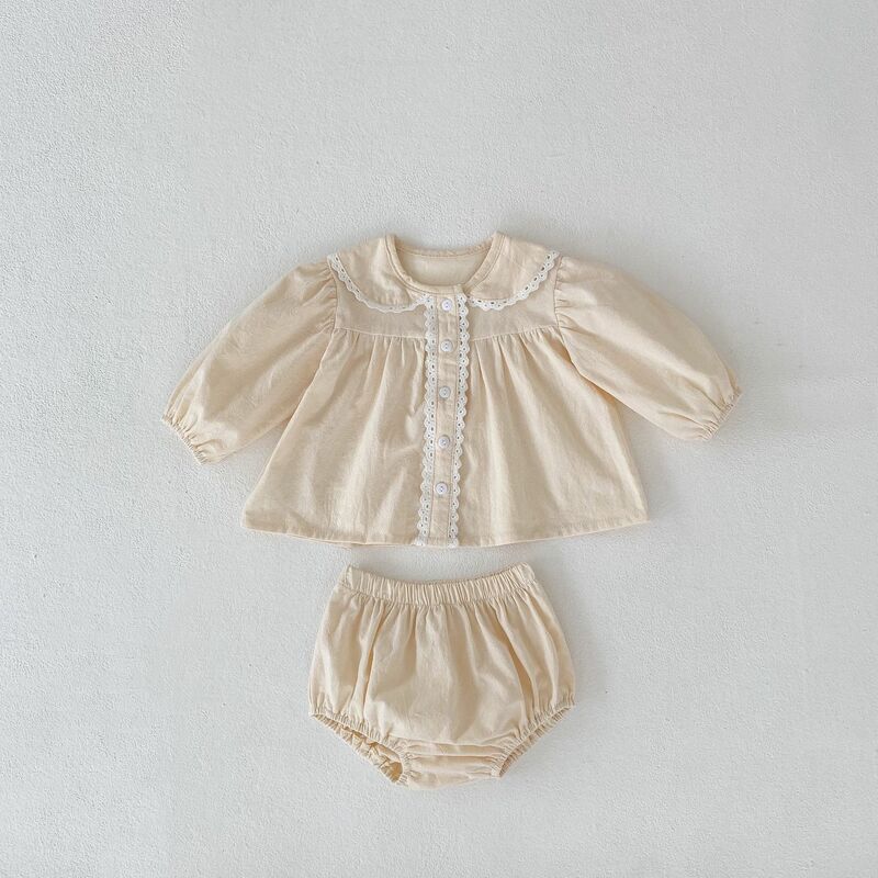 小さな女の子のための綿のジャンプスーツ,愛らしい,襟付き,シンプルなボタン,長袖,ルーズフィット,秋