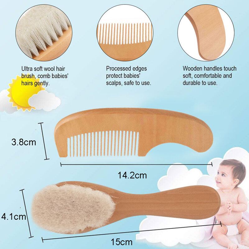 Natural de lã pura macia escova do bebê punho de madeira escova pente de cabelo do bebê infantil cabeça pente massageador do bebê escova de cabelo cuidados com o bebê