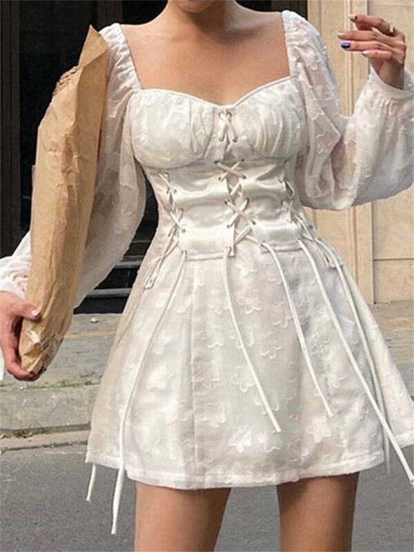 hirigin Elegant Women Summer A-line Dress Mesh Sheer Puff Sleeve Square Neck Dress Bandage Lace-up Floral Slim Vestidos 2022