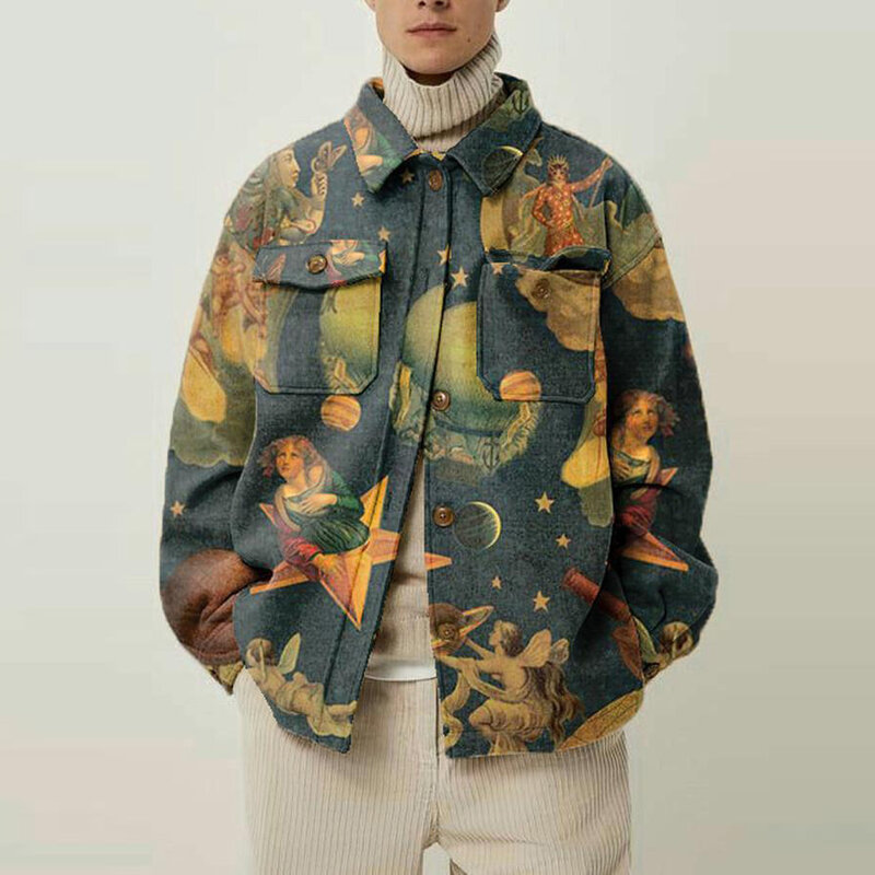 Jaqueta-남성용 빈티지 셔츠 재킷, 그래피티 프린트 라펠, 스트리트웨어, 하라주쿠 패치워크 재킷