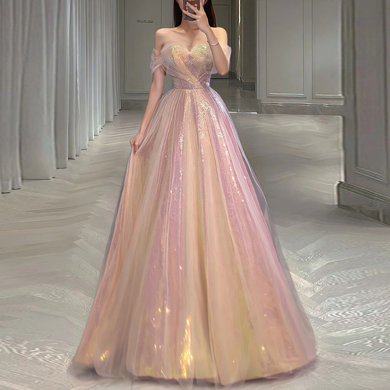 Bling Pink Elegant Sweet Evening Dresses 2023 Summer Boat Neck Slim Waist Mesh Design Tiered Prom Vestidos Wedding Party Dress