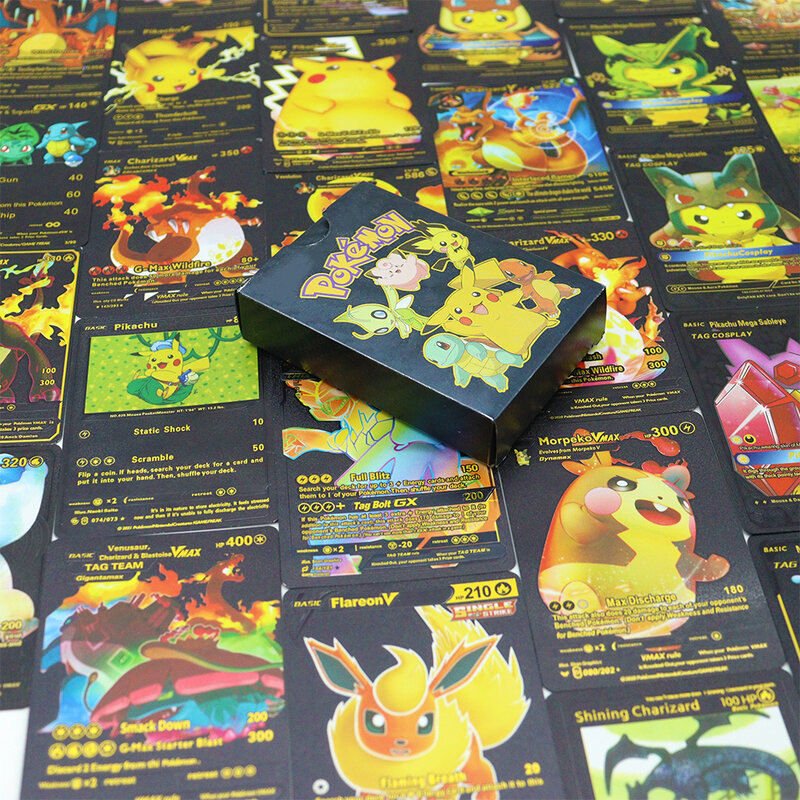 Caja de cartas de Pokémon en español, inglés, oro y plata, 27-55 piezas, Pikachu Charizard Vmax, caja de lata portátil, juguetes de batalla, colección de pasatiempos