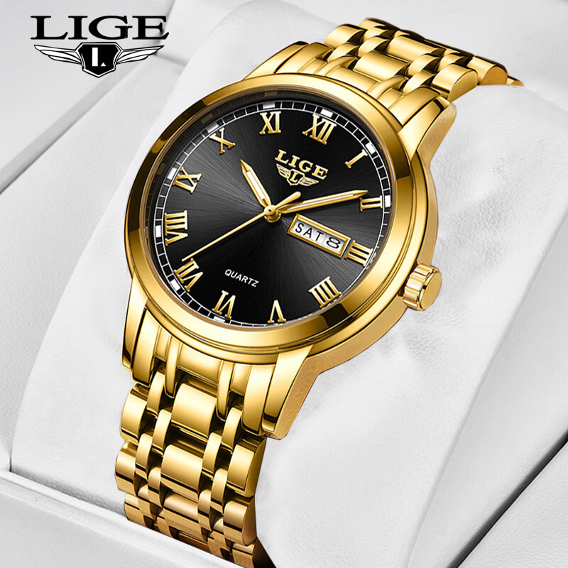LIGE นาฬิกาข้อมือบุรุษนาฬิกาสุดหรูนาฬิกาข้อมือนาฬิกาควอตซ์ทองนาฬิกากันน้ำผู้ชาย Chronograph Relogio Masculino