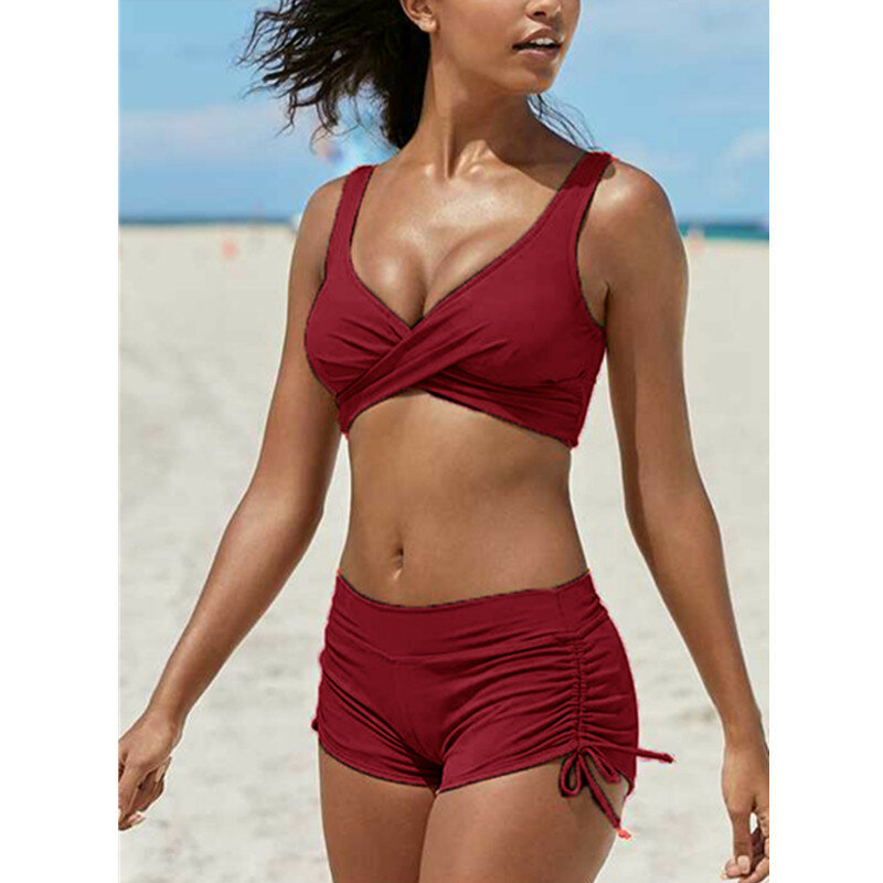 Summer Swimwear Solid Color Bikini Set New Push Split Frame Solid Color Model with Chest Pads Reunited Sexy Split Swimsuit