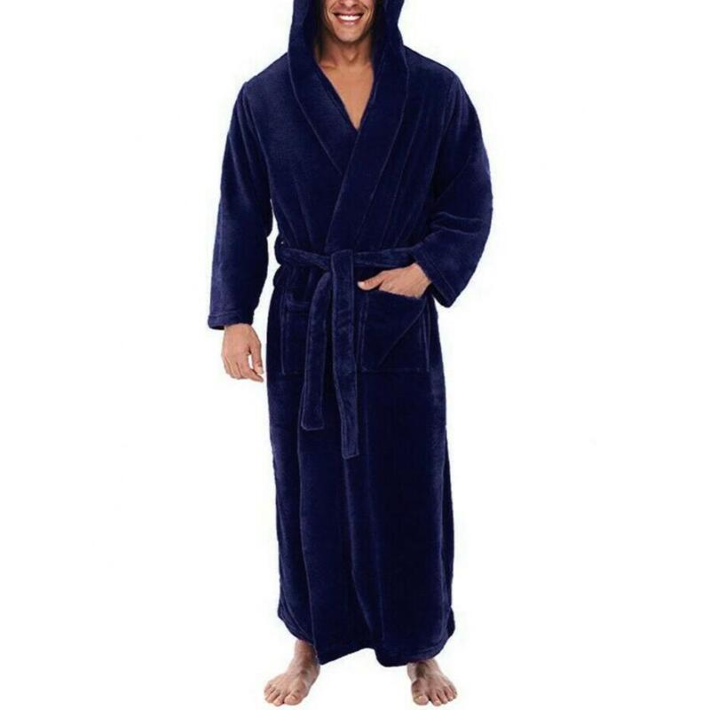Dropshipping!! Men Soft Coral Fleece Solid Color Pockets Long Bath Robe Home Gown Sleepwear