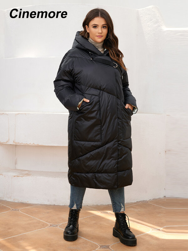 Женская зимняя куртка с капюшоном и карманами, большие размеры