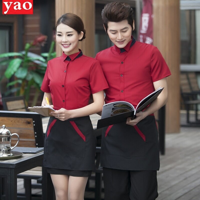 Fast Food Restaurant Uniforms Shirts Summer Short Sleeve Catering Clothes Cheap Cook Shirt +Apron Set Discount Workwear