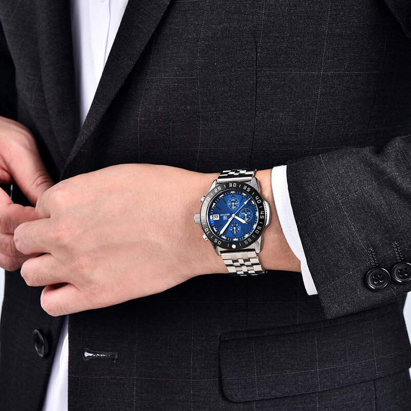 Benyar negócios cronógrafo esporte completo aço inoxidável relógio masculino de luxo quartzo relógios relógio militar relogio masculino novo