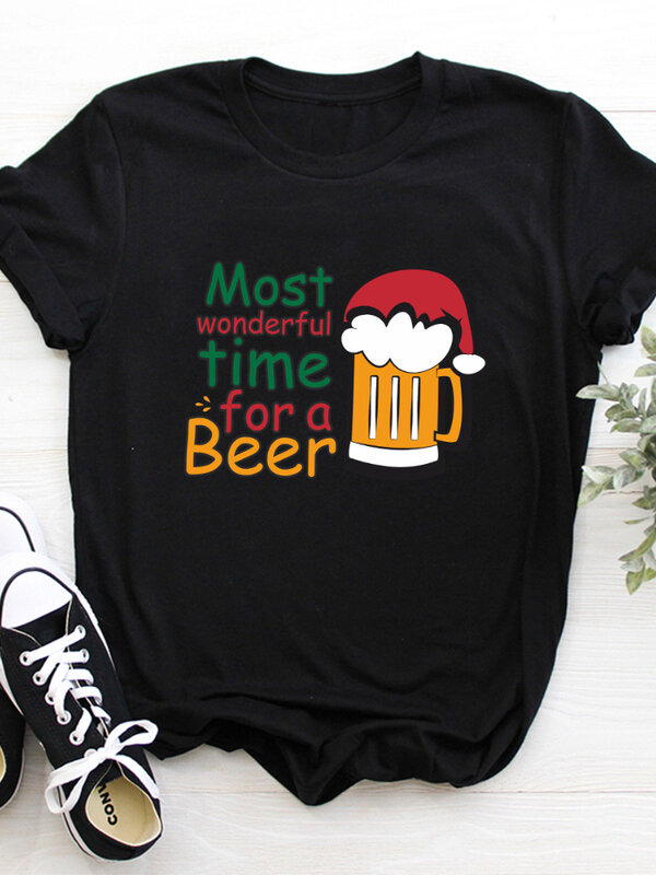 Camiseta con estampado navideño de "lo mejor para una cerveza" para Mujer, Camiseta holgada de manga corta con cuello redondo para Mujer, camiseta informal, Camisetas para Mujer