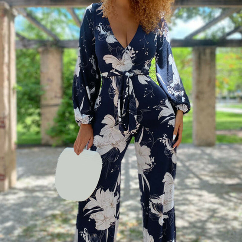 Ladies Fashion V Neck Long Sleeve Loose Wide Leg Print Jumpsuit Two Piece Jumpsuits for Women Jumpsuits for Women Evening Party