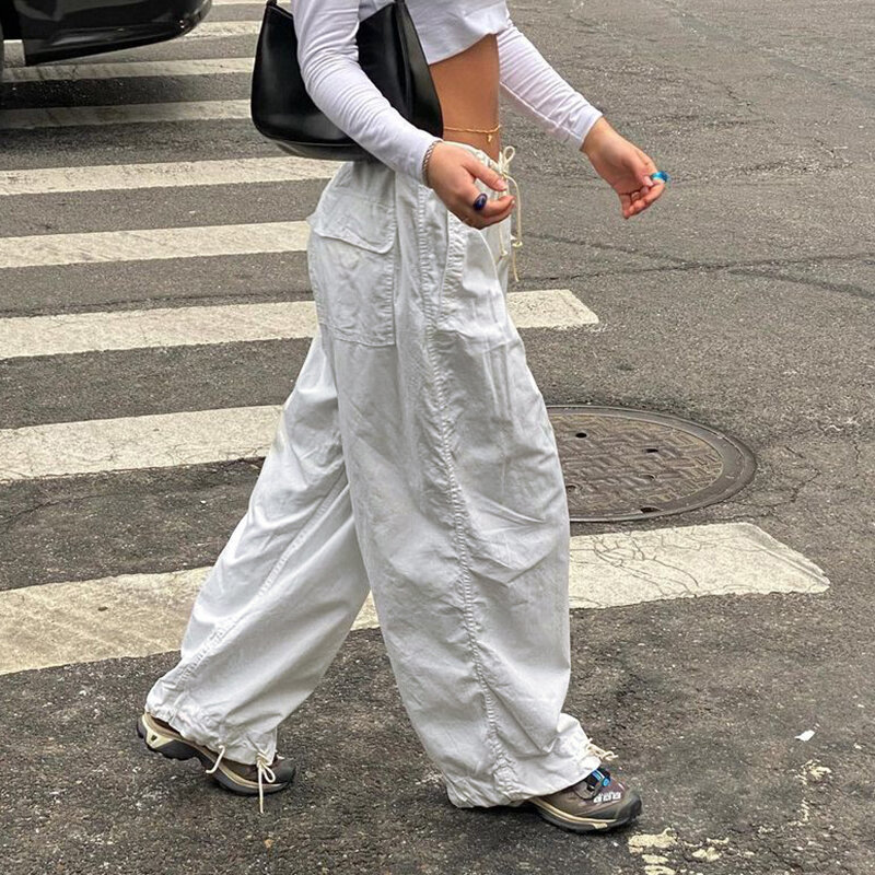 Sunny y. j. Casual baggy perna larga sweatpants drawstring cintura baixa streetwear carga calças das mulheres hippie joggers calças de pára-quedas