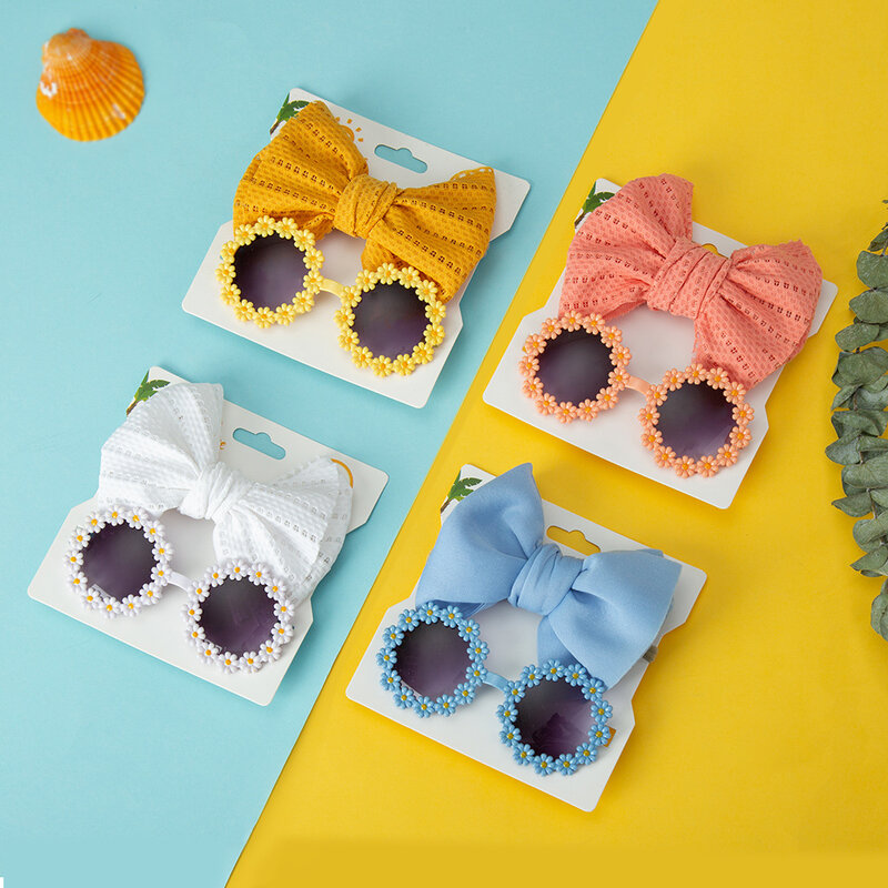 Summer Baby Accessories for Girl Nylon Headbands Flower Sunglasses Set Kids Headwear Beach Baby Girl Head Bands Photography Prop